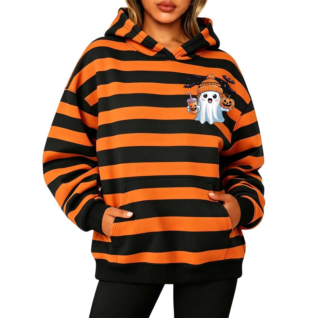Women's Fashion Striped Print Long Sleeve Pullover Hoodie with Pockets for Halloween