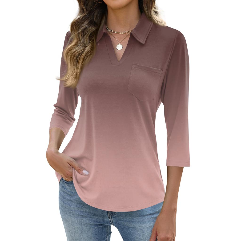 Damen Mode Lässig Revers Kurz 3/4 Ärmel Print Hemd Damen Oberteile