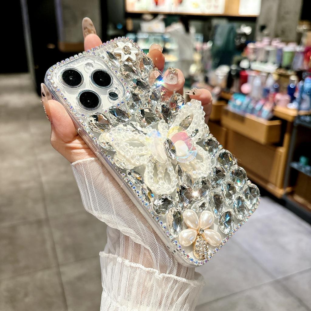 For iPhone 16 Pro Case Glass Rhinestone Decor Butterfly Pattern TPU Phone Back Cover