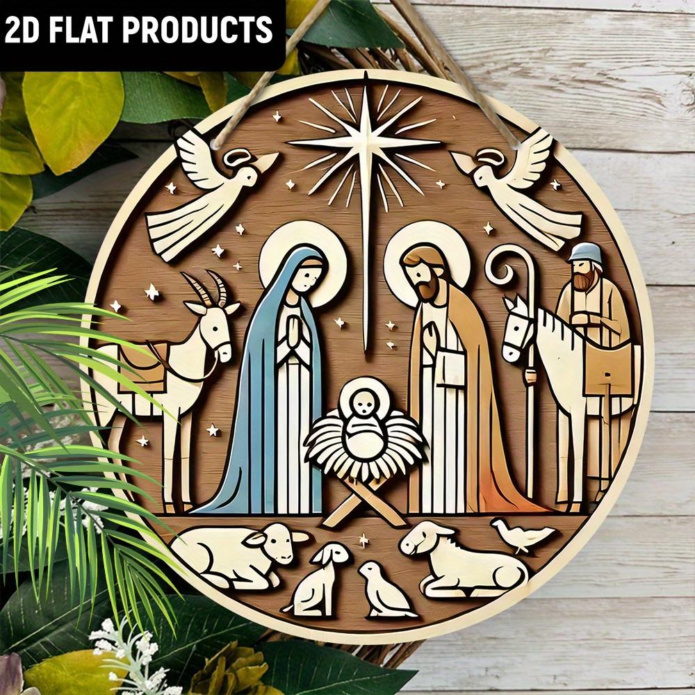 Klassische Holzszene Wandplakette aus Holz - Engel, Heilige Familie, Tierdesign | Mehrfach verwendbare flache 2D-Dekoration | Ohne Strom | für Tür, Wand, Zuhause