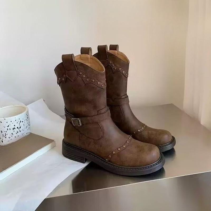 Round Toe Back Zip Single Boots Women'S Fashion Studded Metal Buckle Platform Block Heel Mid-Leg Boots