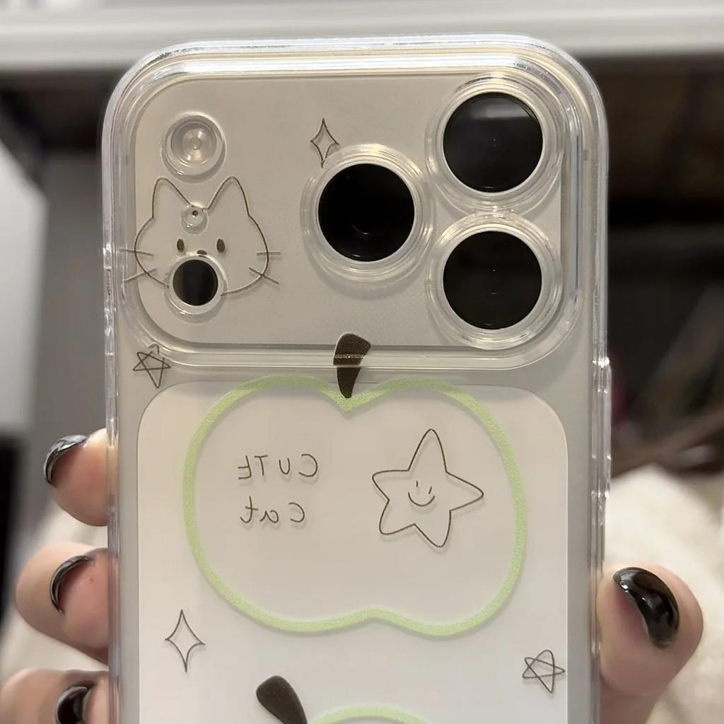 Star green apple black cat applies to Apple 17Promax transparent phone case IP16 cute 15 space case 14 soft