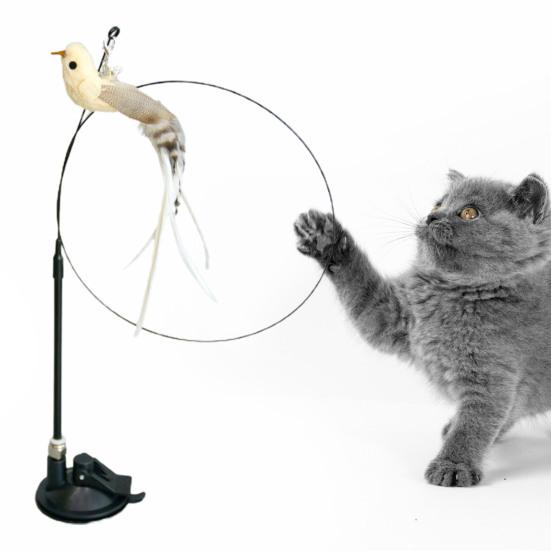 Cat Teaser Wand with Cup Base Bell Suction Long Wand Flexible Bendable Relieve Boredom Simulation Bird Interactive Feather Cat