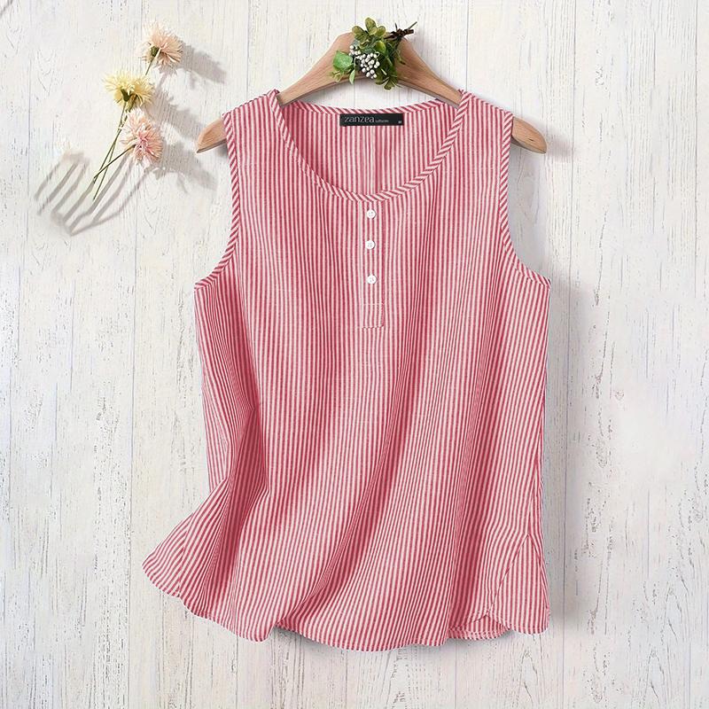 ZANZEA Women Casual Round Neck Loose Sleeveless Stripe Tank Tops