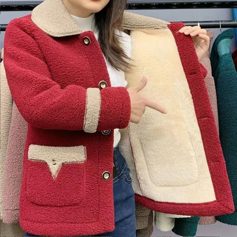 

Куртка з флісу ягняти Осінньо-зимові моделі плюс оксамитова потовщена мамина куртка жіноча середньої довжини XL вина червоного кольору