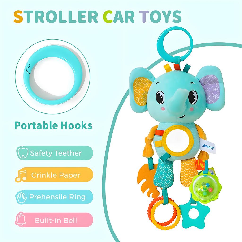 Crinkle Squeaky Plush Animal Toy | Multi-Sensory Hanging Activity with Teether | for Stroller Crib & Car Seat Development