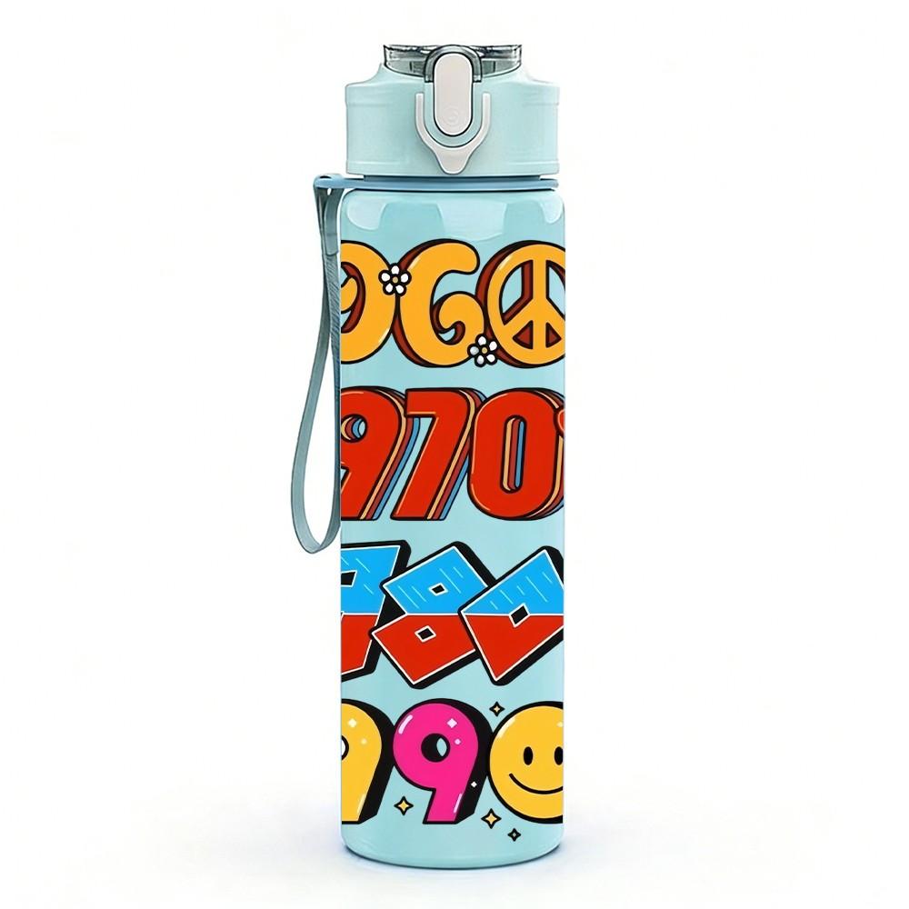 1PC Sixties Seventies Eighties Retro Badge Art 750ml Color Plastic Sports Water Bottle Leakproof Flip Straw Lid Suitable for Sports Office Home Use