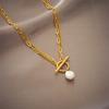 DIEYURO 316L Stainless Steel OT Clasp Large Pearl Pendant Necklace For Women New Girls 2-Layer Chain Jewelry Party Gifts Bijoux