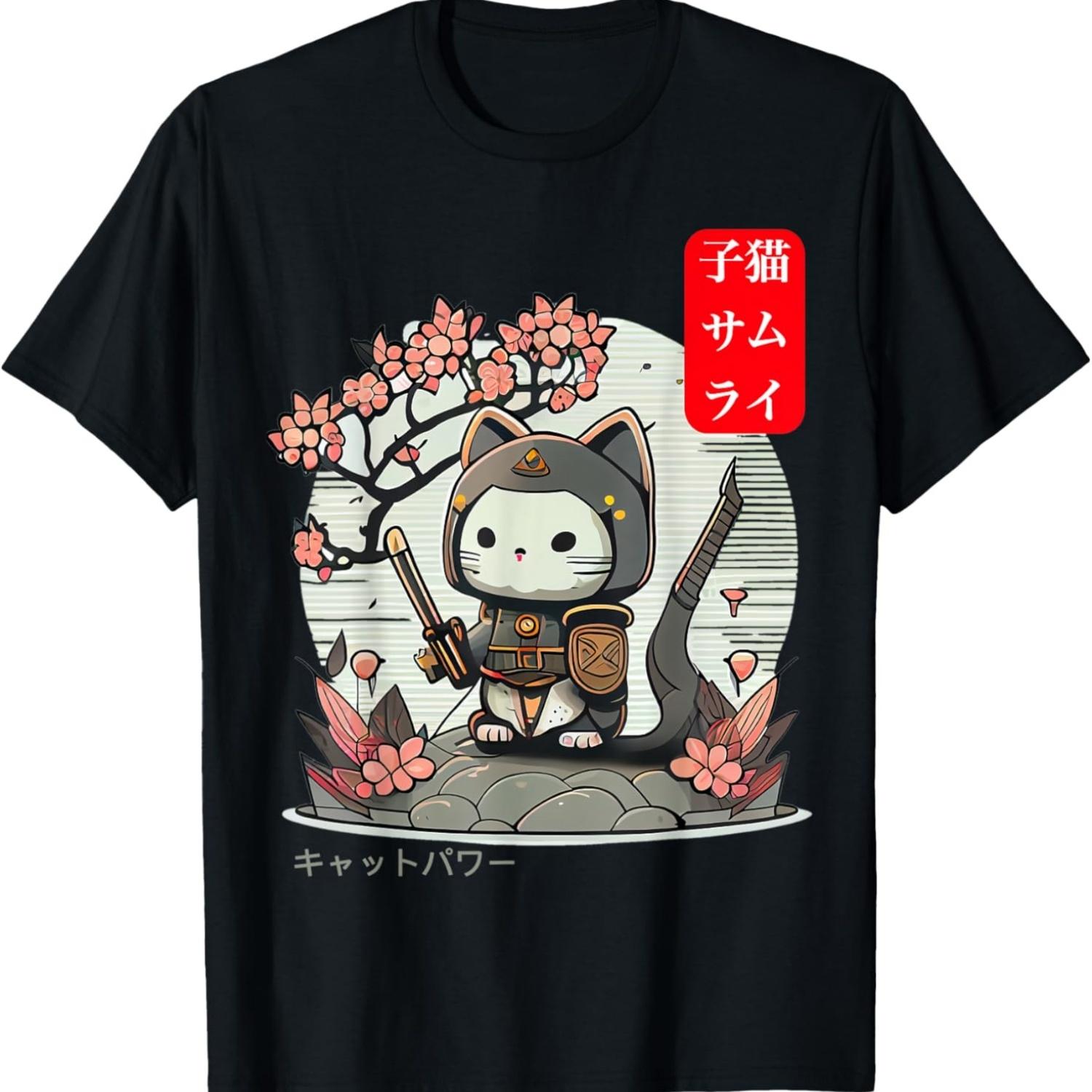 Cute Samurai Kitten With Cherry Blossom and  Words T-Shirt S чёрный