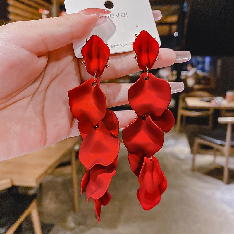 S925 Sterling Silver Needle Korean Japanese Face-Slimming Rose Petal Long Earrings 2A801