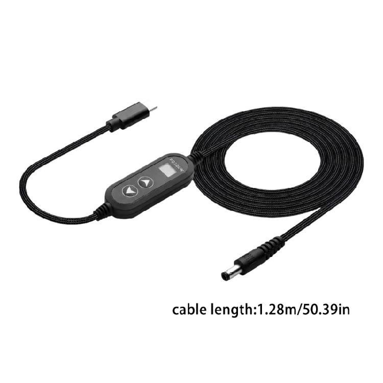 Adjustable DC5525 Output Cable for USB C PD Sources, 5V-20V Selection Display, 14 Right-Angle Barrels Tips and Braided 1.28 M Cable