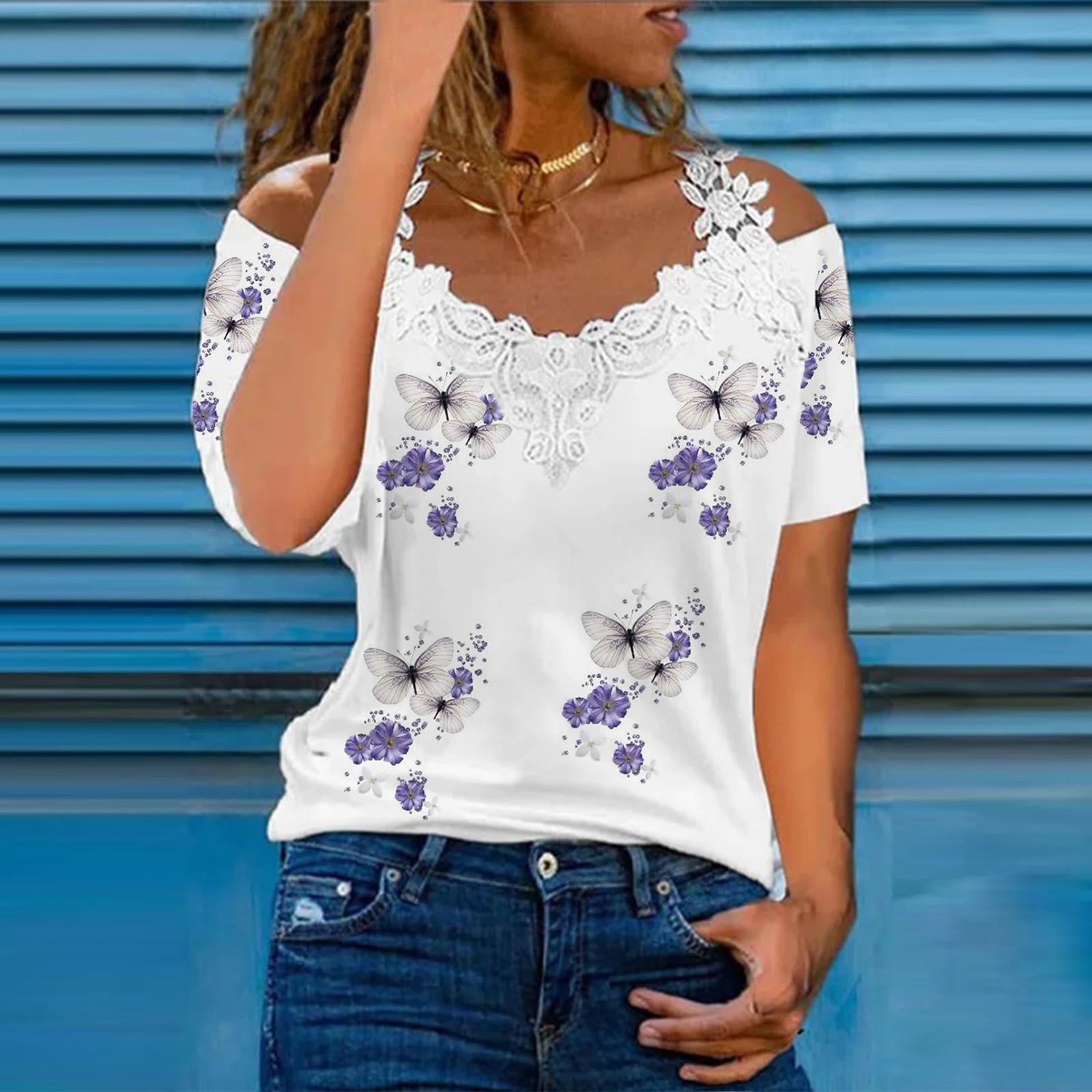

Модная женская футболка с v-образным вырезом и кружевным ремнем, повседневные свободные топы с короткими рукавами и принтом XXXL фиолетовый