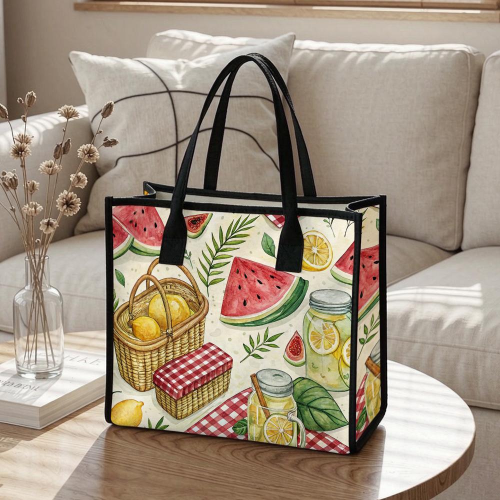 Summer Pattern Casual Tote Bag for Outdoor Picnic Daily Use Portable Lightweight Shopping Shoulder Bag