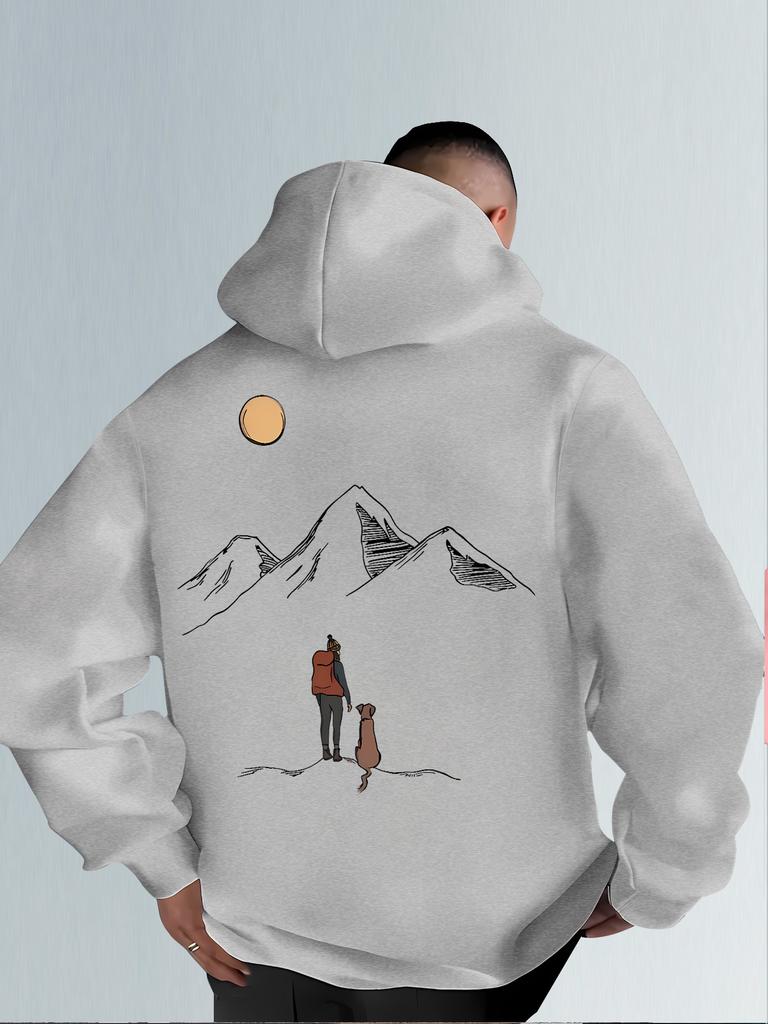 Men's Hooded Sweatshirt with Mountain Map Pattern on The Back. Warm Winter Hooded Pullover Suitable for Hiking Camping Daily Use