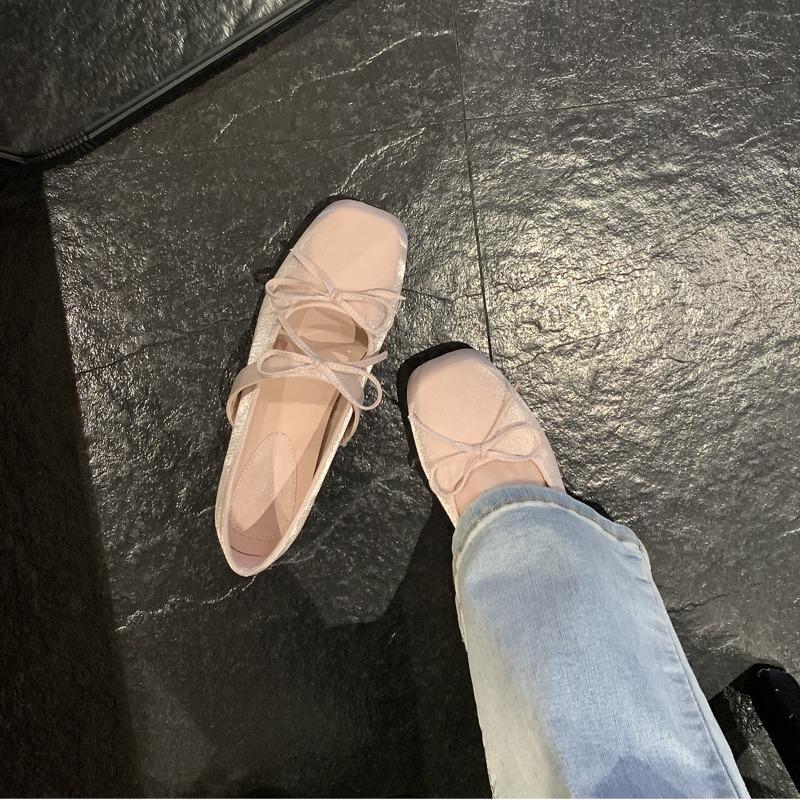 Sheepskin~ Height increase 4cm bow square head versatile shallow mouth Mary Jane single shoes women's flat shoes