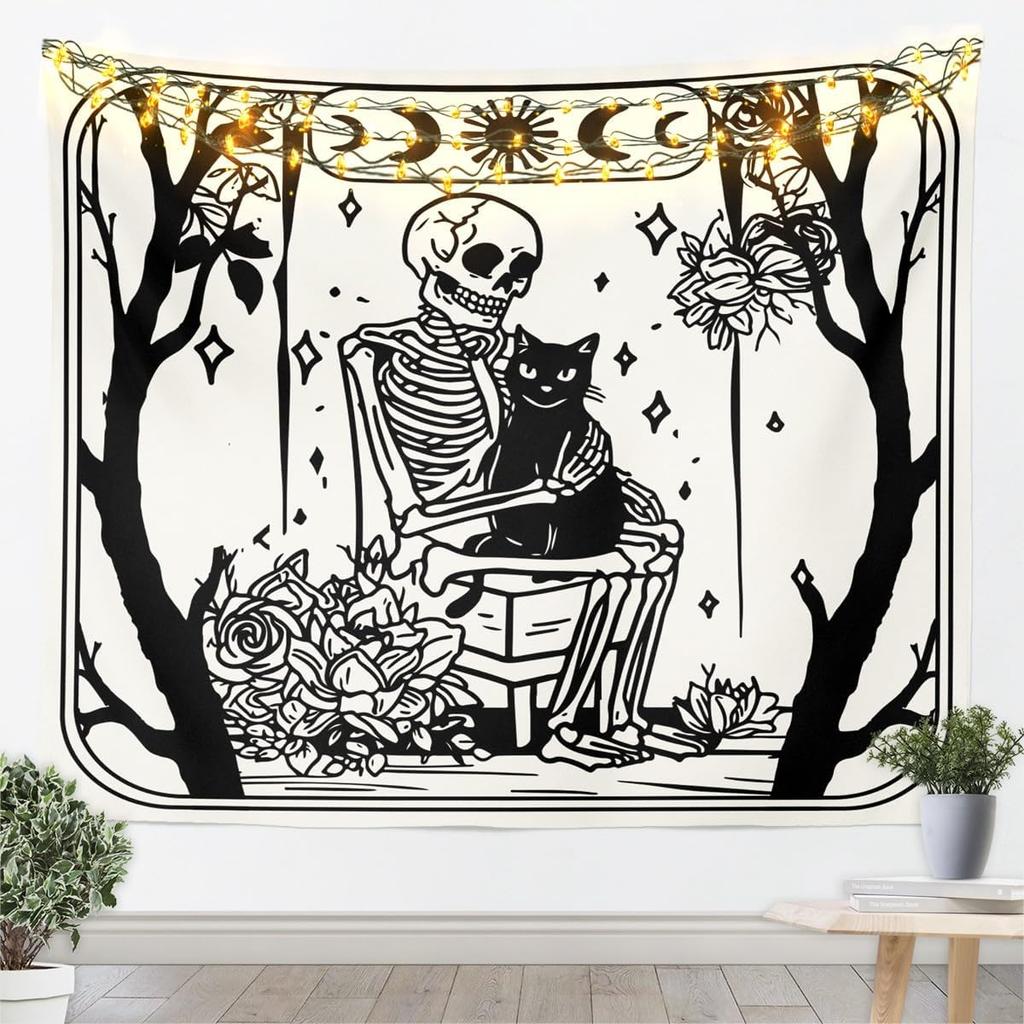 Halloween Boho Moth Tapestries Gothic Nature Wall Tapestry Boho Exotic Vintage Floral Black Wall Art For Kids Teens Youth Women