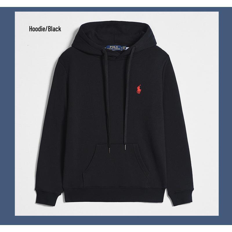 Men's Autumn/Winter Ralph Lauren Embroidered Logo Hooded Sweatshirt with Velvet Lining and Zipper.