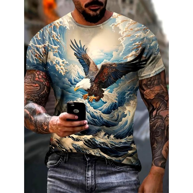 

Men S Casual Summer Short Sleeve T-Shirt with 3D Eagle Design - Retro Harajuku Style, Loose Fit, S