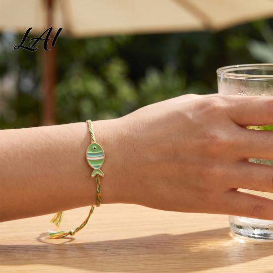 Colorful Striped Rope Bracelet Small Fish Handmade Braided Bracelet Boho Cute Woven Summer Beach Wrist Accessories String Adjustable Wristband