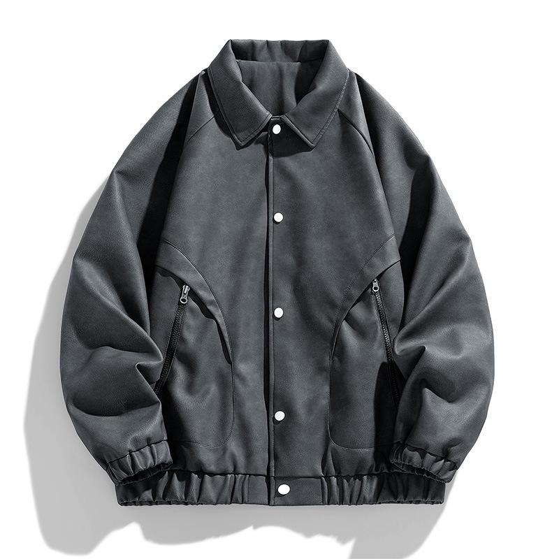 Men's Plus Size PU Leather Jacket - Hong Kong Style Autumn/Winter, Lapel, Pure Color, Casual Couple Outerwear for Chubby Individuals