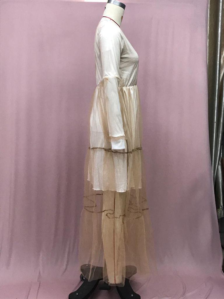 2025 Summer European & American Women's V-Neck Mesh Puff Sleeve See-through Maxi Dress