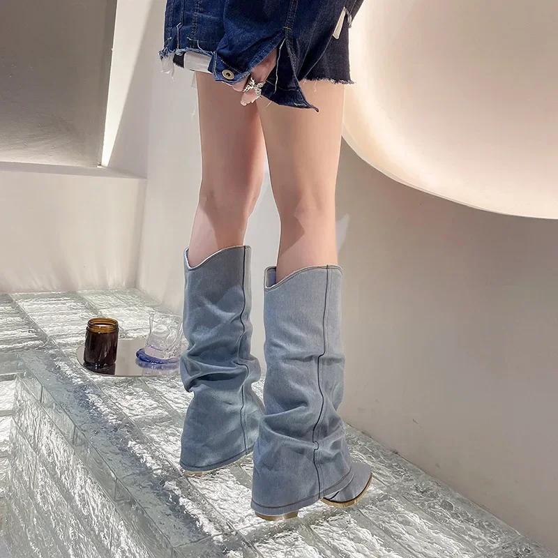 Pleated Blue Denim Boots Fashionable Women's Chelsea Boots Autumn Winter Mid-heeled Boots New Women Shoes Botas Altas Mujer