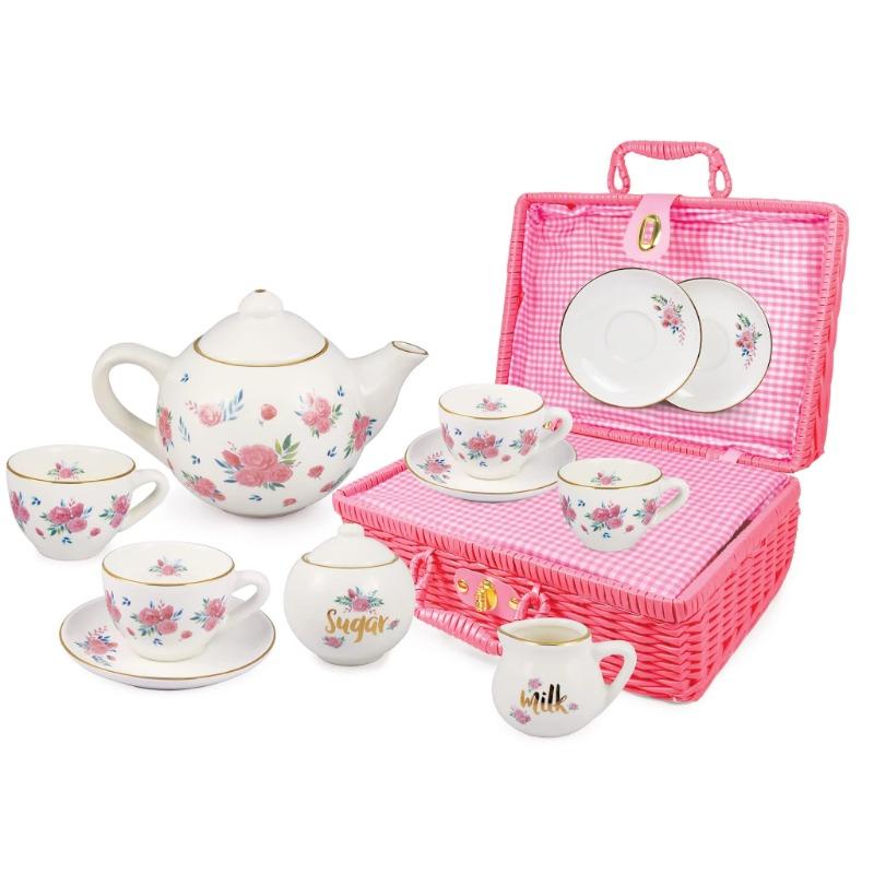 Servizio da tè in porcellana per bambine con cestino da picnic rosa, design floreale, 13 pezzi