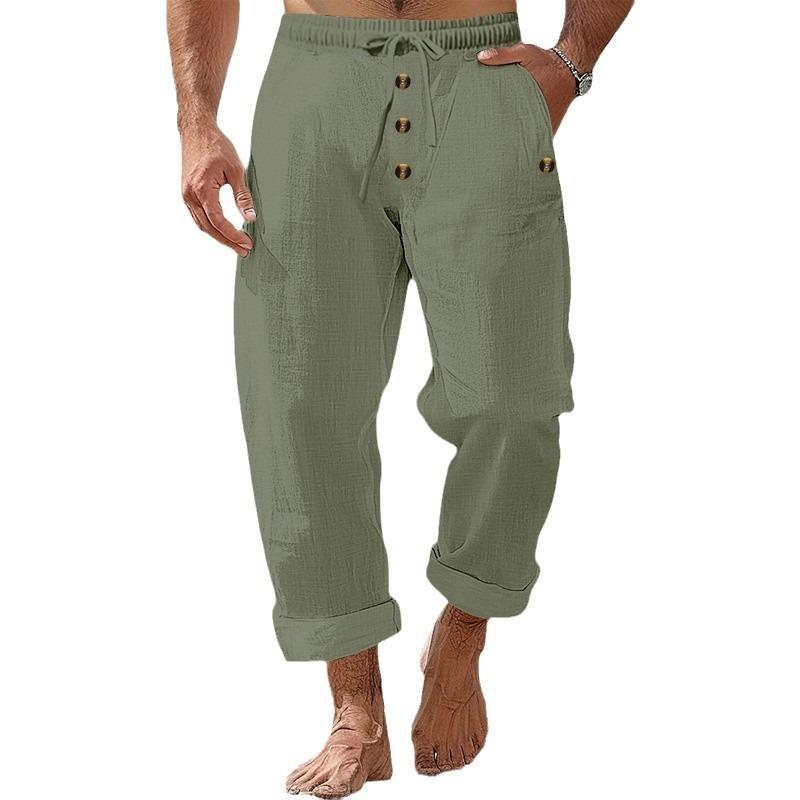 Men Solid Color Linen Loose Drawstring Button Casual Long Pants
