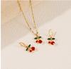 Gold Plated Cherry Pendant Necklace and Hoop Earrings Set with Red and Green Crystal Accents for Women Jewelry Gift