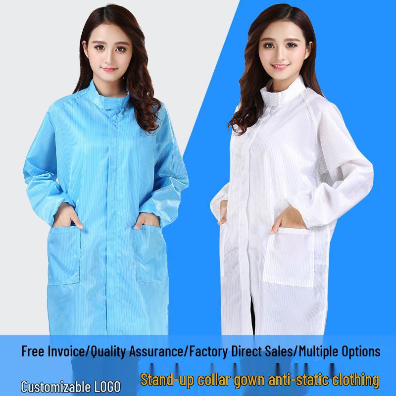 Anti-static Striped Blue & White Long Sleeve Cleanroom Gown with Stand-up Collar and Zipper