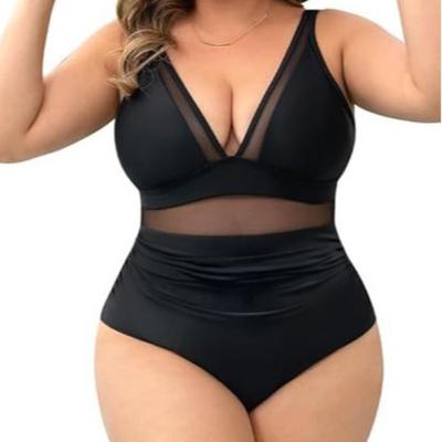 New Solid Color Sexy One-piece Plus Size Mesh Splicing Wrinkled Swimsuit