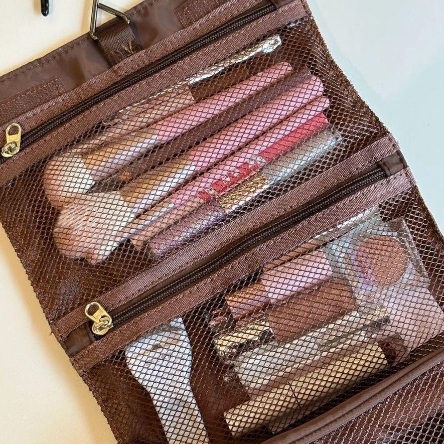 

2025 High-Capacity Orange Grid Hanging Makeup & Wash Bag