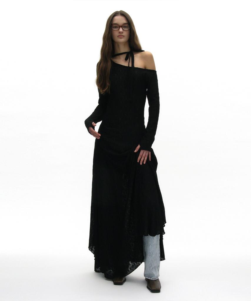 Partimento Woman Sheer Lace Tie-Neck Maxi Dress_Black