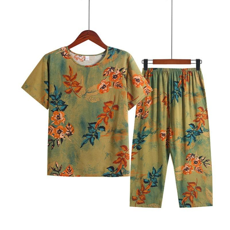 Women's Summer Suits, Casual Plus Size Artificial Cotton Short-sleeved Middle-aged Mother Pajamas, Homewear