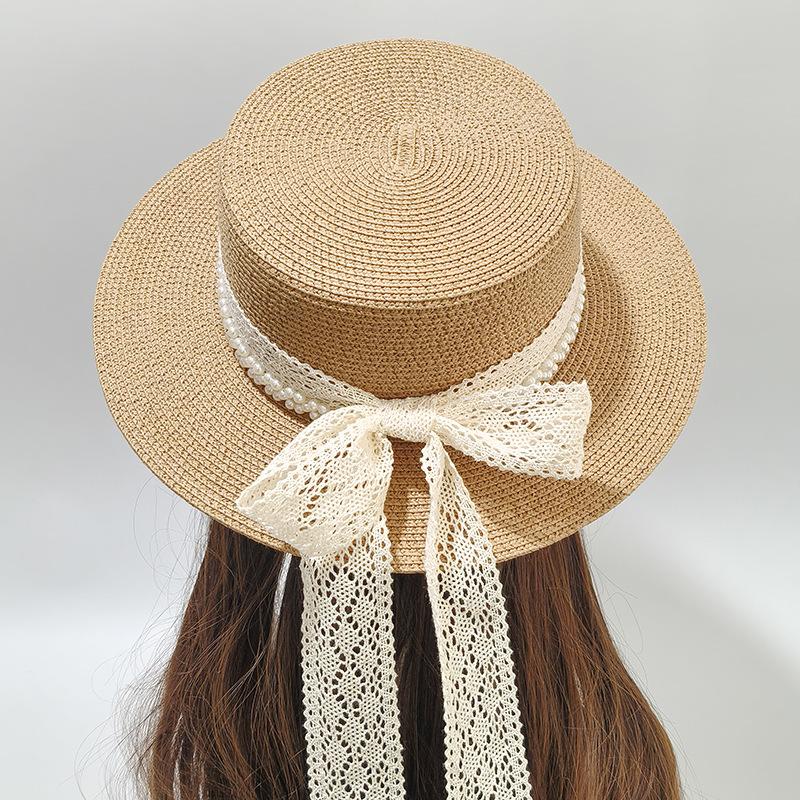 Summer flat top hat lace bow straw hat travel vacation sun hat beach UV protection sun protection hat