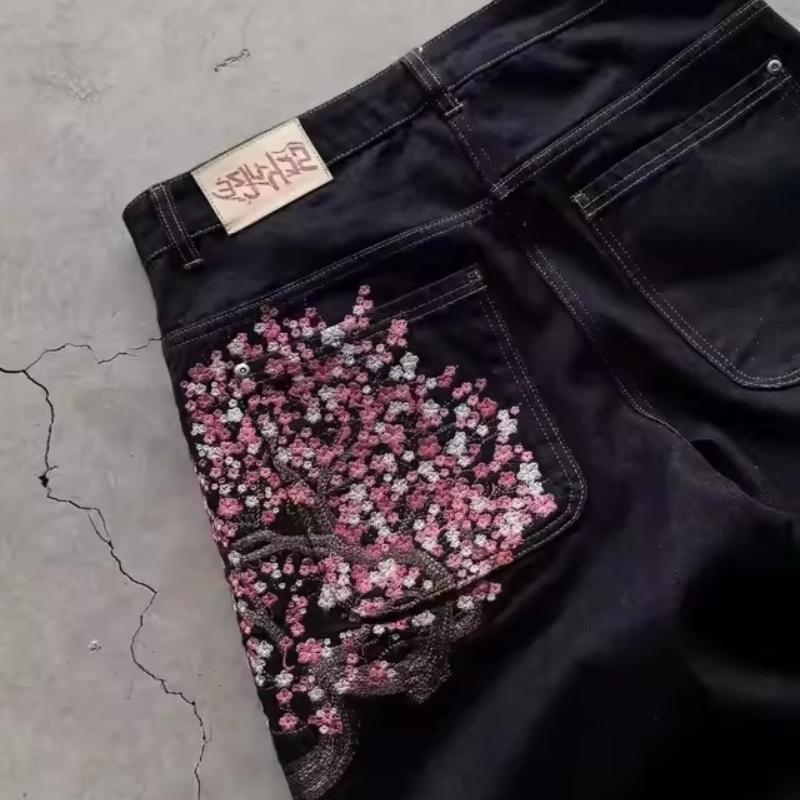 Herren Vintage Sakura Jeans Y2K Kleidung Harajuku Gothic Hip Hop Sakura Stickerei Baggy Jeans Schwarze Hose Weite Hosen
