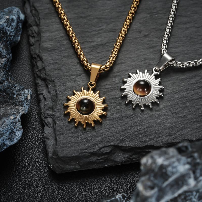 Simple Stainless Steel Chain Necklace Hip Hop Geometric Sunflower Pendant Choker Men Jewelry