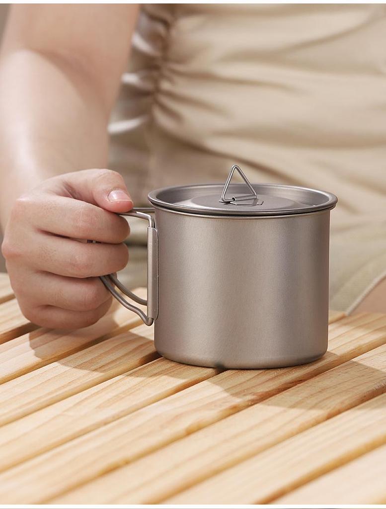 Pure Titanium Travel Mug with Lid and Folding Handle - Perfect for Coffee, Tea, or Water on Camping Trips