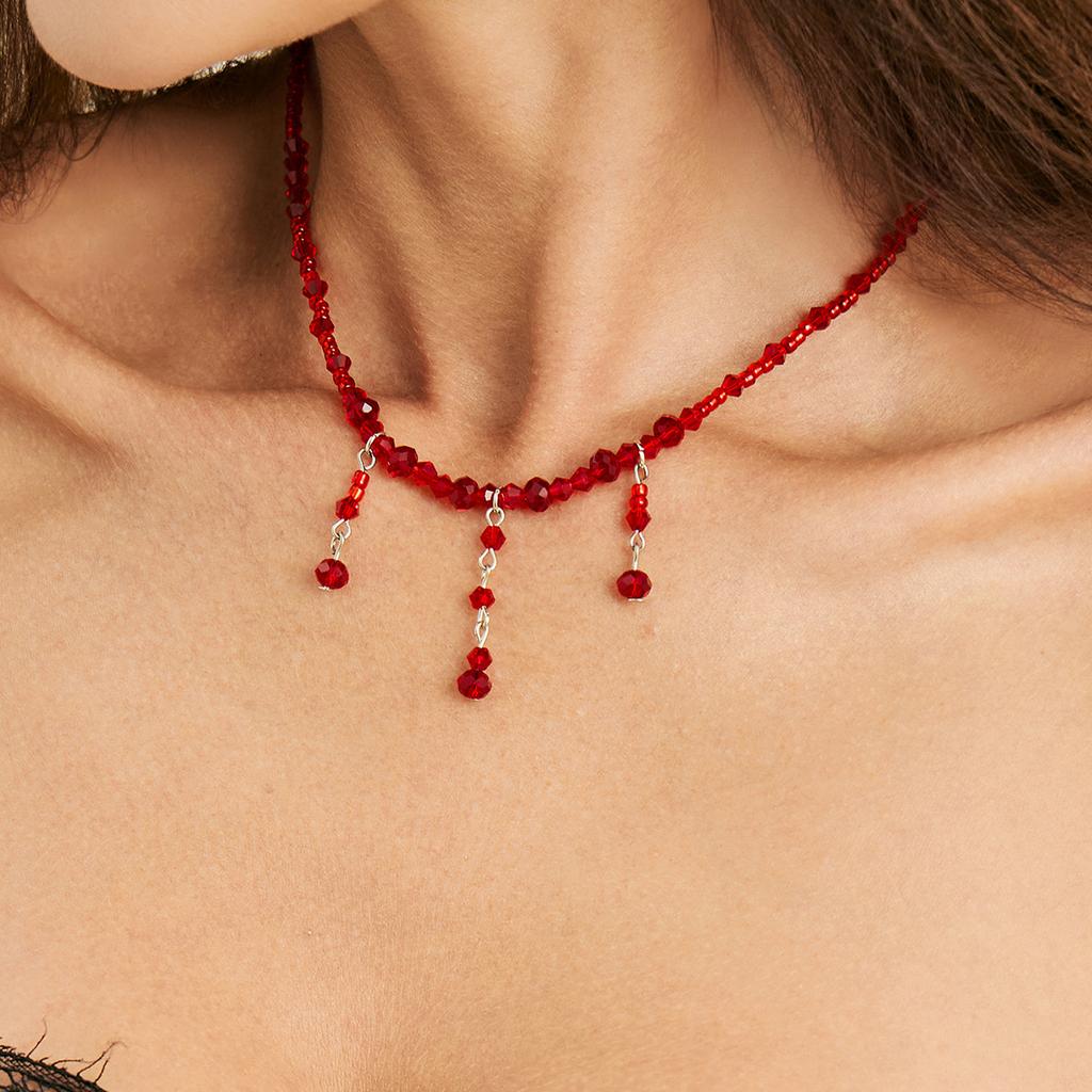 Gothic Halloween Blood Fringe Necklace Choker Creative Red Crystal Pendant Collarbone Necklace