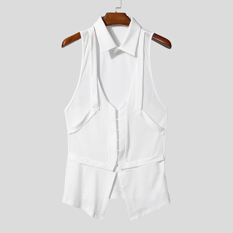 INCERUN Men Lapel Cutout Sleeveless Mesh Patchwork Fitted Shirts Tank Tops