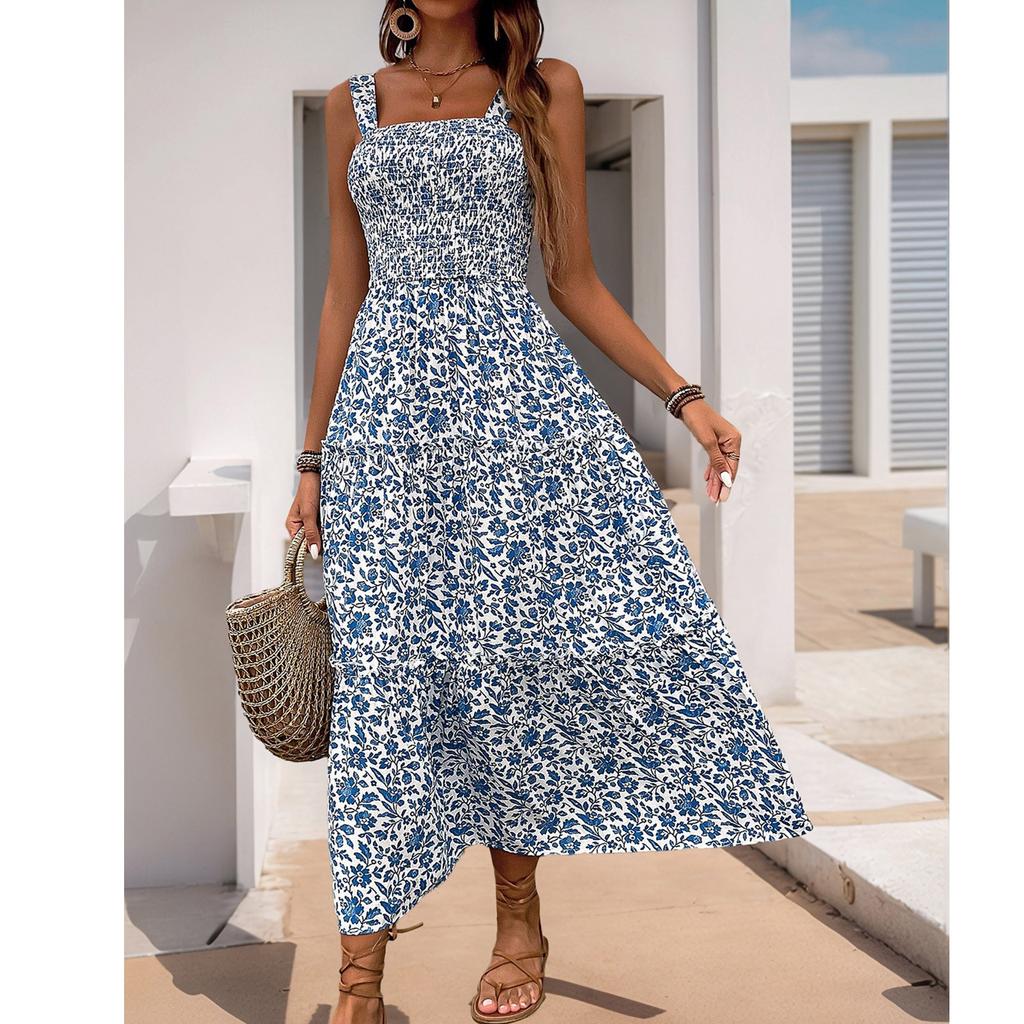 Women's Casual Camisole Dress, Medium Length Sleeveless Elastic Waisted Printed Dress