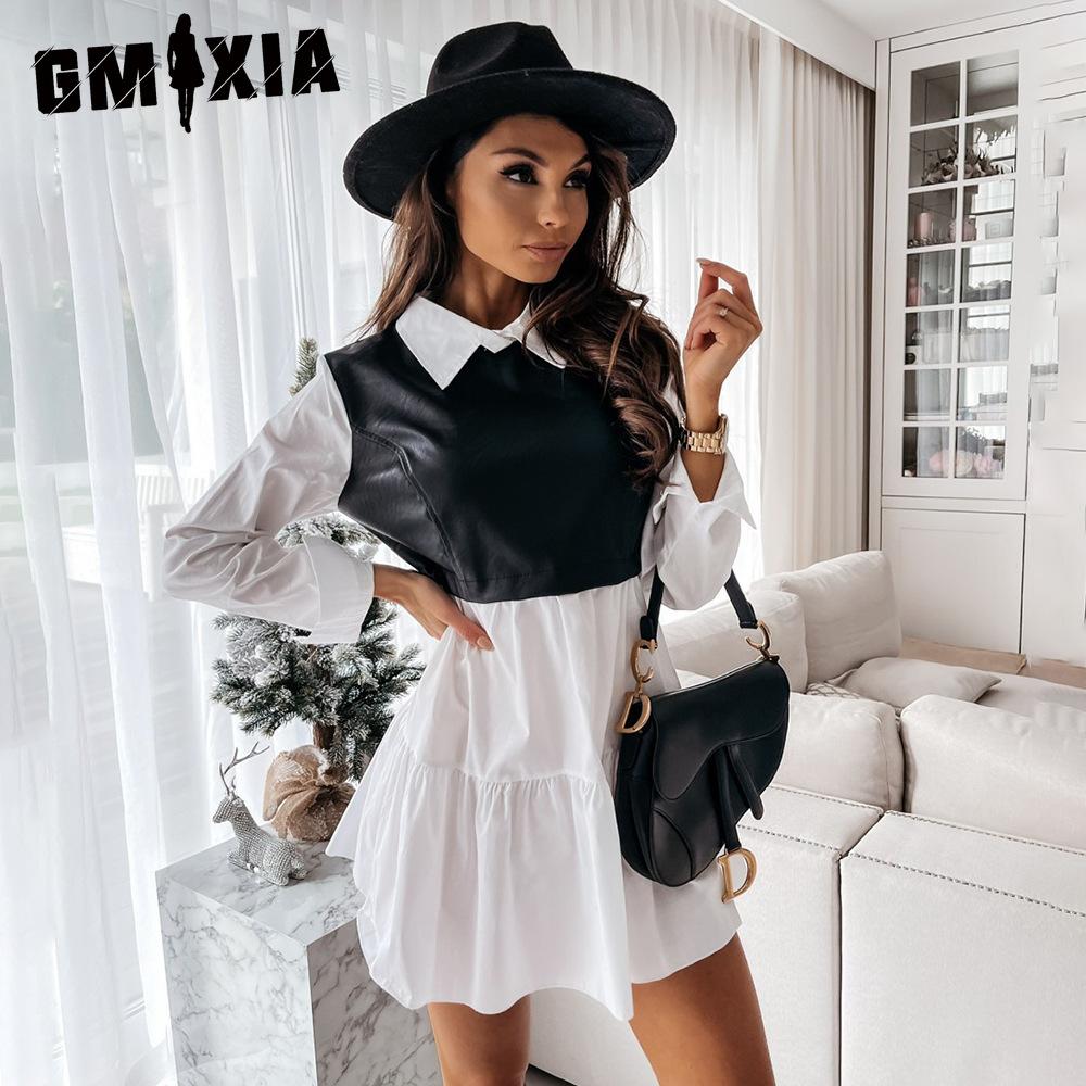 GMXIA Fashion Women Leather Dress Patchwork Plaid Mini Dress Party Casual Skirt Spring Ruffle Dress