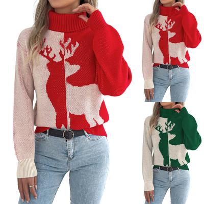 Damen Lässiger und Stilvoller Farbblock Hirsch Langarm Rollkragen Pullover, Weihnachten .