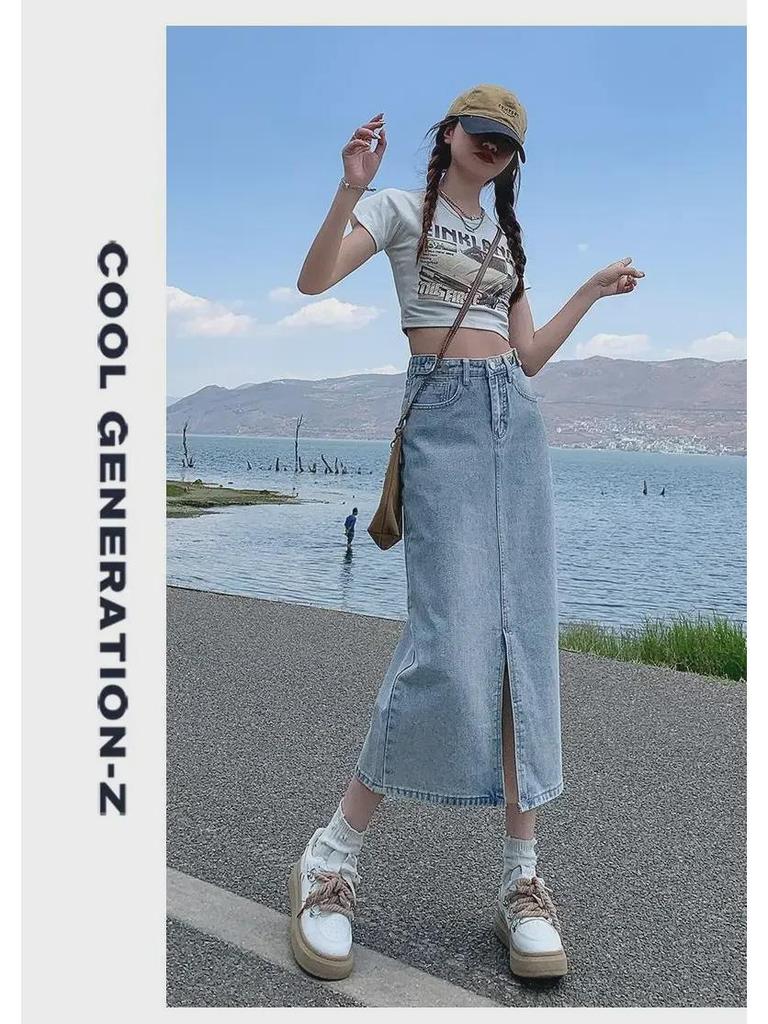 2024 High-Waist Split Denim Skirt: Women's Medium-Length A-Line for Spring, Summer, and Autumn