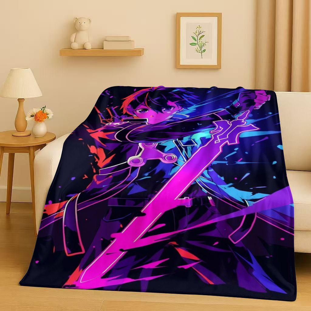 

HD Sword Art Online SAO Cartoon Kirito Yuuki Asuna Flannel Blanket,Ultra Soft Warm Plush Throw for Home Bedroom Bed Sofa Kids 75x90cm