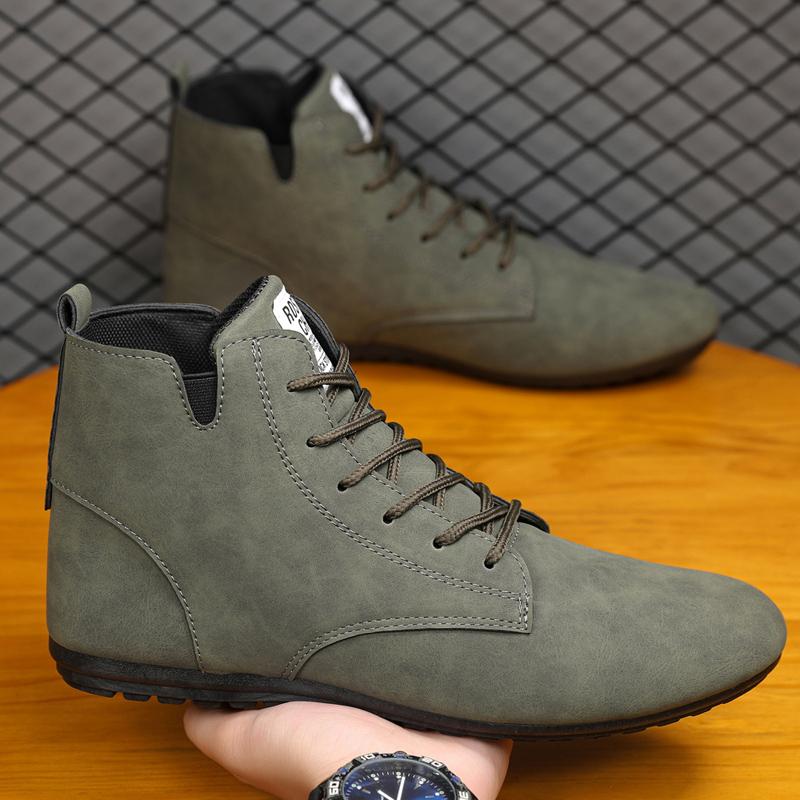 Fashion Men High Top Suede Casual Shoes with Brown Leather Lace Up Ankle Boots Cushioned Insoles Anti Slip Black Sole Retro Style Boots