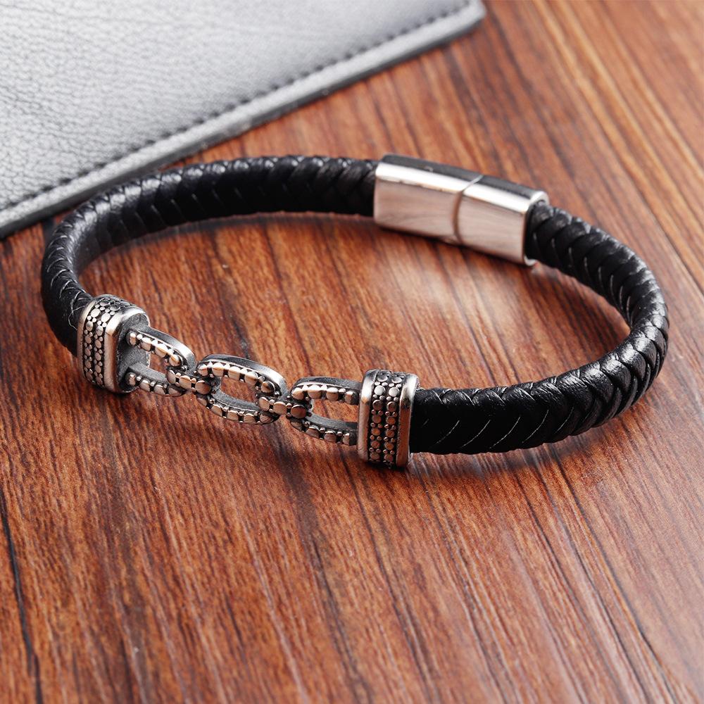 Black Leather Rope Cowhide Men's Double-layer Genuine Leather Woven Bracelet Handmade Multi-layer Leather Bracelet