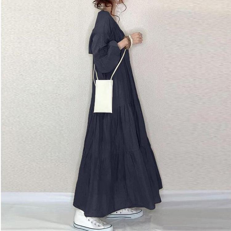 Damesmode zomer lente effen kleur print lange mouw V-hals hoge taille casual jurken