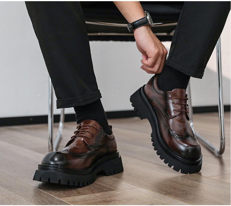 Men's Black Leather Derby Shoes with Thick Sole for Height Increase - British-Style Formal Brogue Round Toe for Weddings and Business.