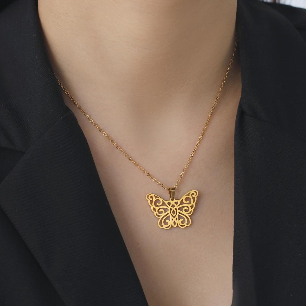 Elegant Filigree Butterfly Pendant Necklace for Women Choker Stainless Steel Animal Jewelry Mother's Day Gifts